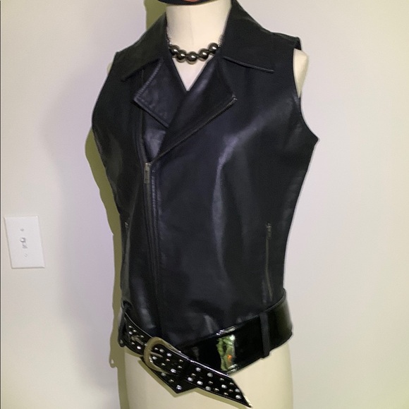 DKNY Black Leather Motorcycle Jacket with Guess Belt and Necklace BUNDLE EUC - Picture 1 of 17